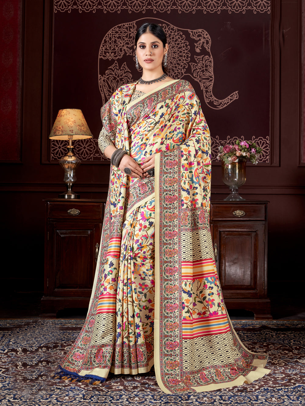 Designer Cream Pashmina Saree | Beautified with Designer Digital Printed Work