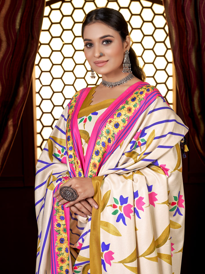 Designer Off-white Pashmina Saree | Beautified with Designer Digital Printed Work