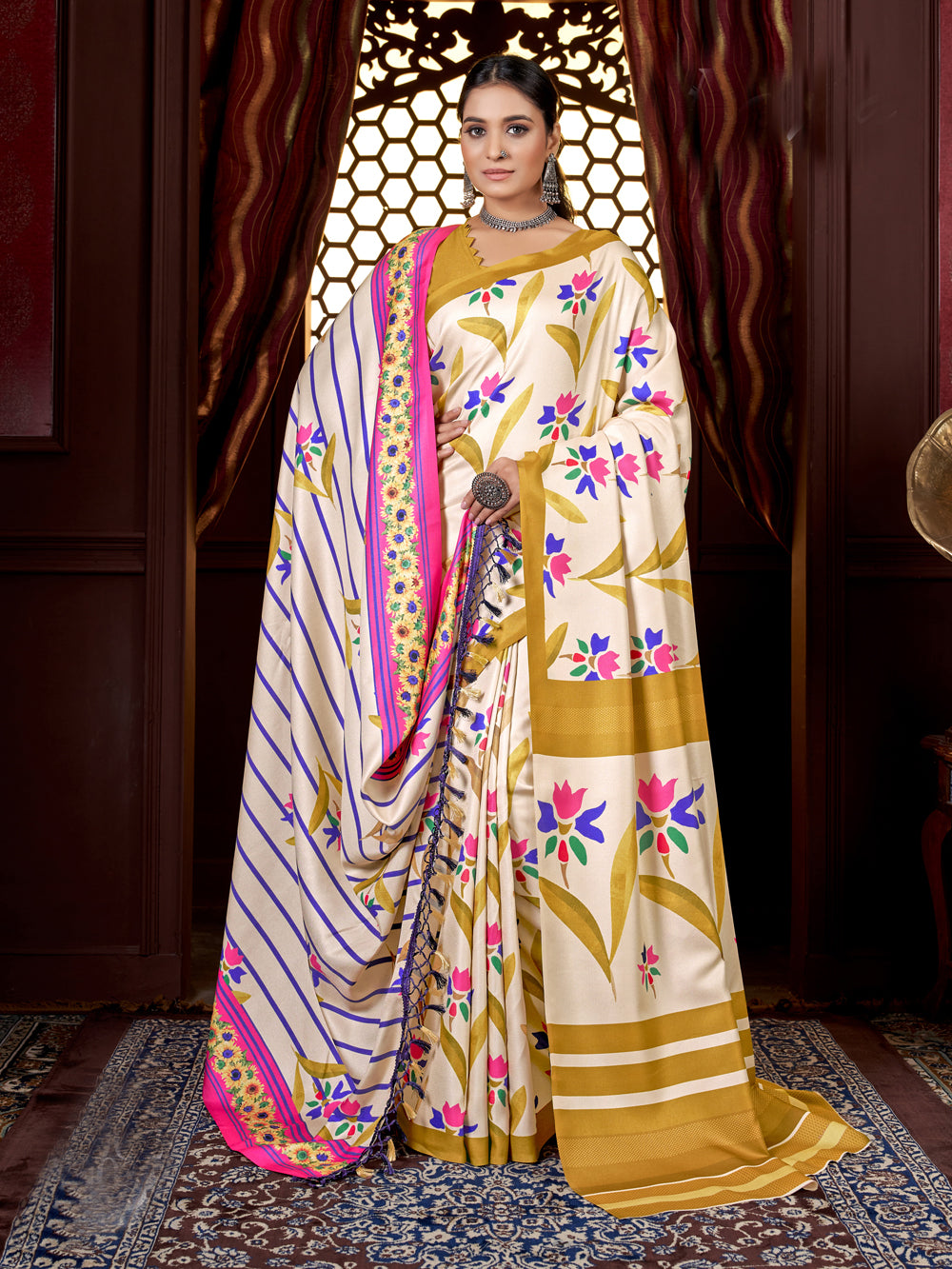 Designer Off-white Pashmina Saree | Beautified with Designer Digital Printed Work