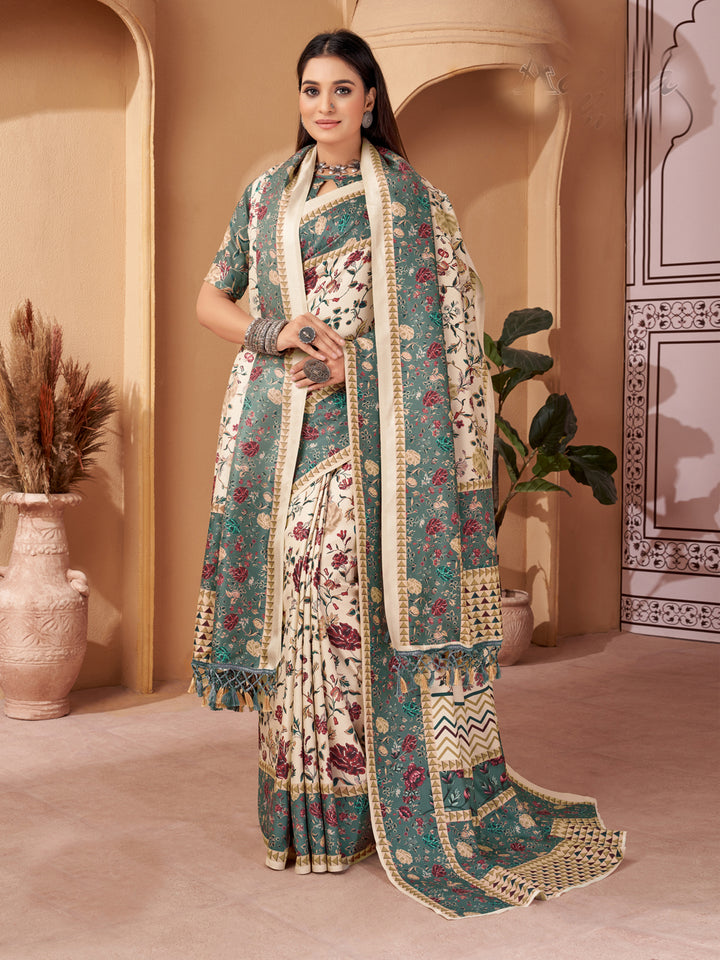 Designer Beige Pashmina Saree | Beautified with Designer Digital Printed Work