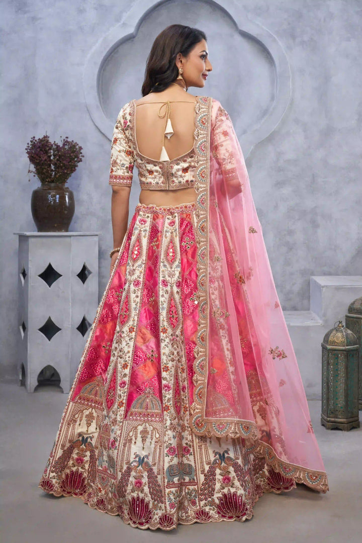 White and Pink Organza Lehenga Choli with Dupatta | Embroidery & Stone Work