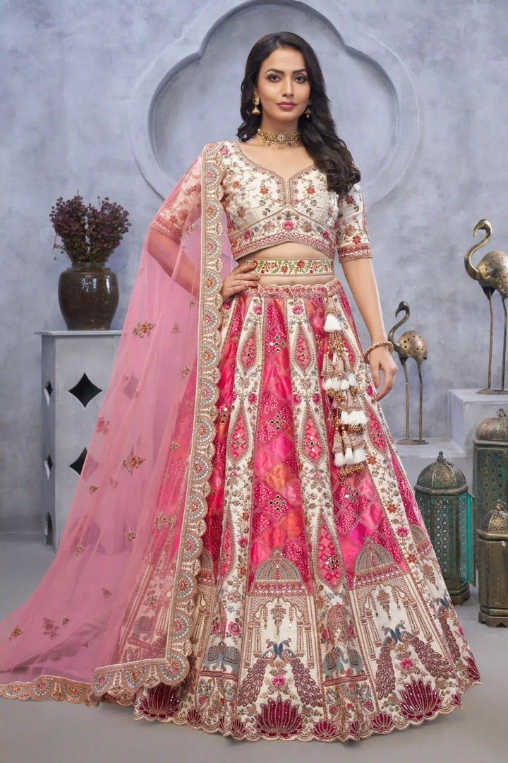 White and Pink Organza Lehenga Choli with Dupatta | Embroidery & Stone Work