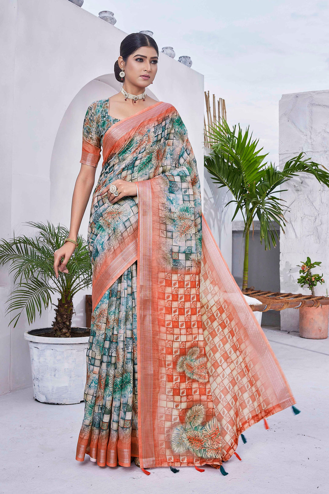 Light Mint Green Designer Digital Printed Linen-Blend Saree | Ideal for Weddings & Festivals