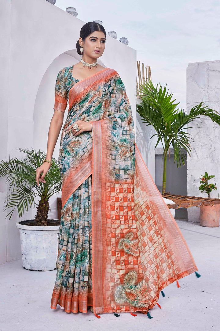 Light Mint Green Designer Digital Printed Linen-Blend Saree | Ideal for Weddings & Festivals