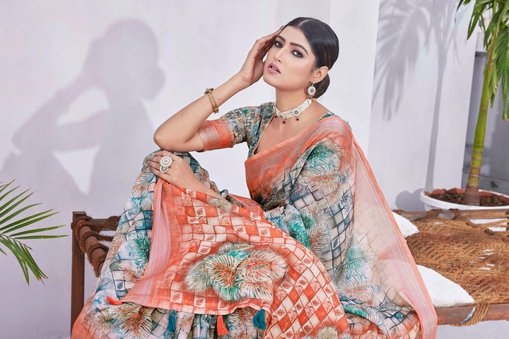 Light Mint Green Designer Digital Printed Linen-Blend Saree | Ideal for Weddings & Festivals
