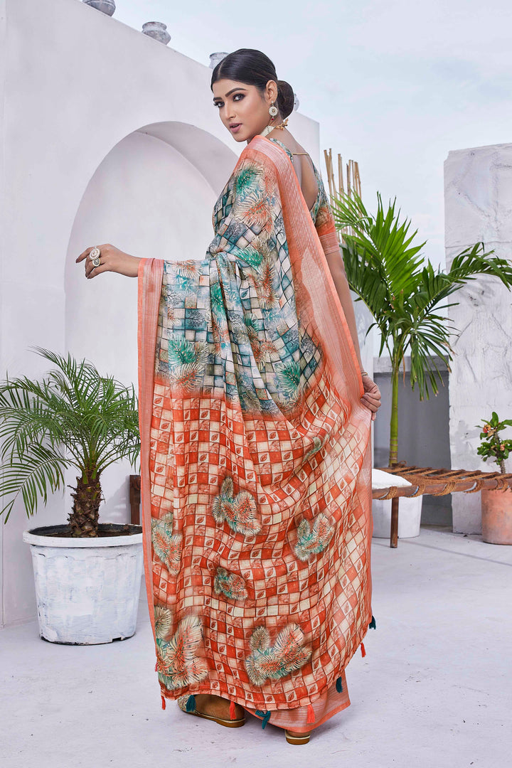 Light Mint Green Designer Digital Printed Linen-Blend Saree | Ideal for Weddings & Festivals