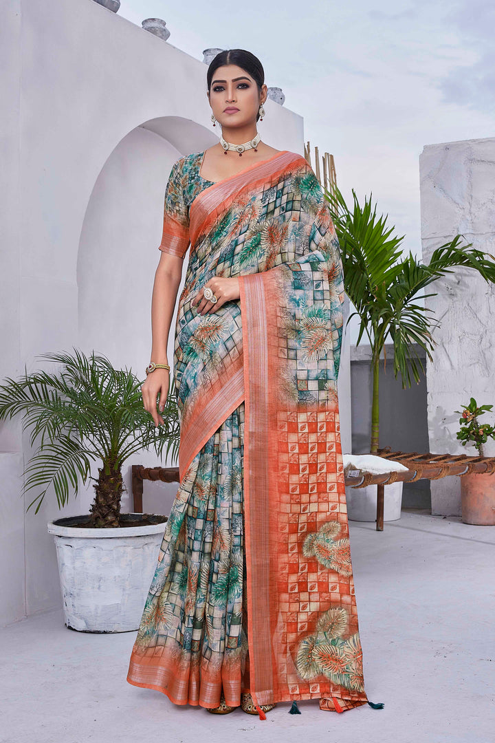 Light Mint Green Designer Digital Printed Linen-Blend Saree | Ideal for Weddings & Festivals