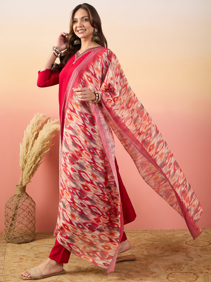 Stylish Red Silk Top Featuring Silk Bottom | Accentuated by a Silk Blend Dupatta