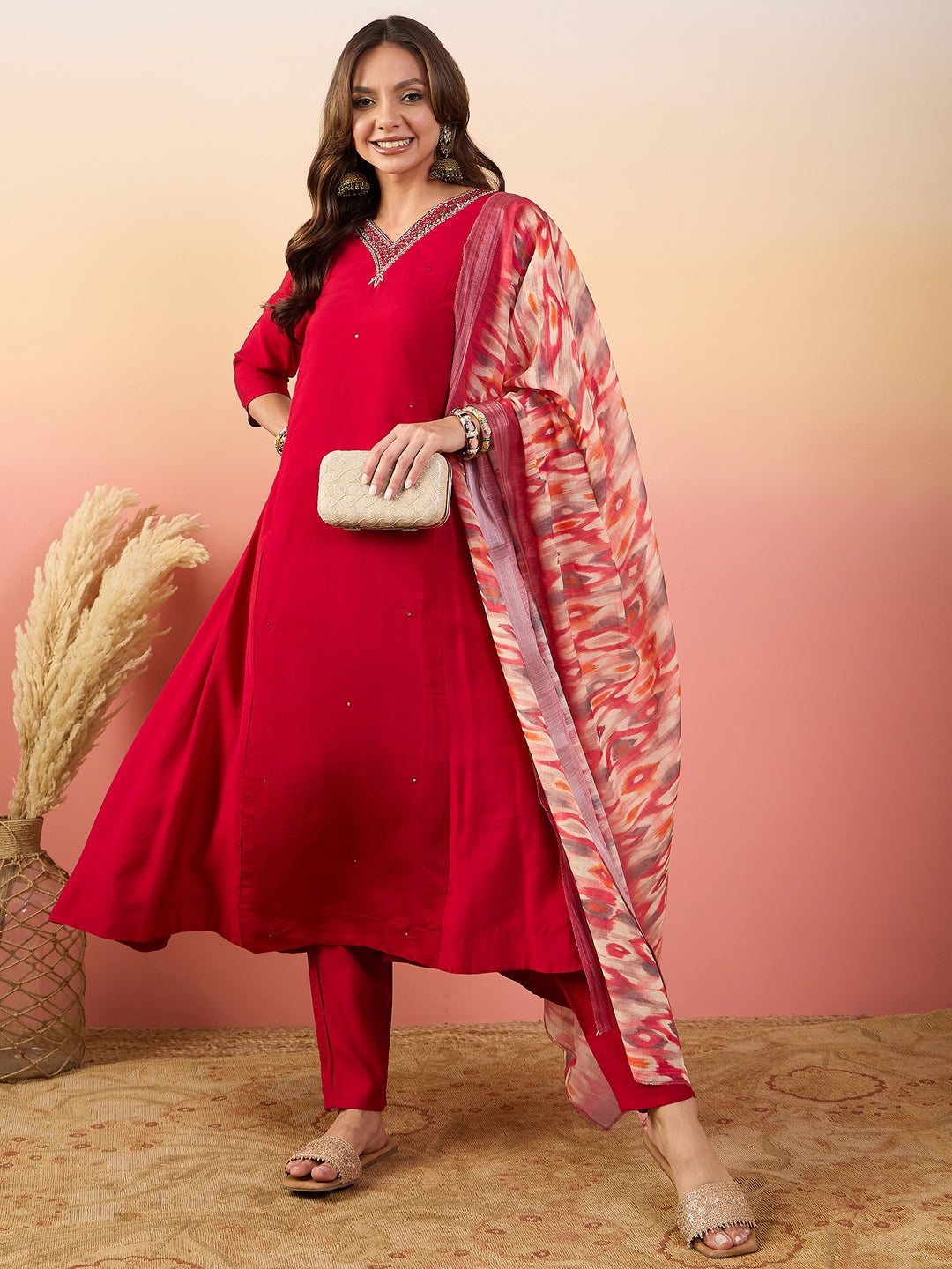 Stylish Red Silk Top Featuring Silk Bottom | Accentuated by a Silk Blend Dupatta