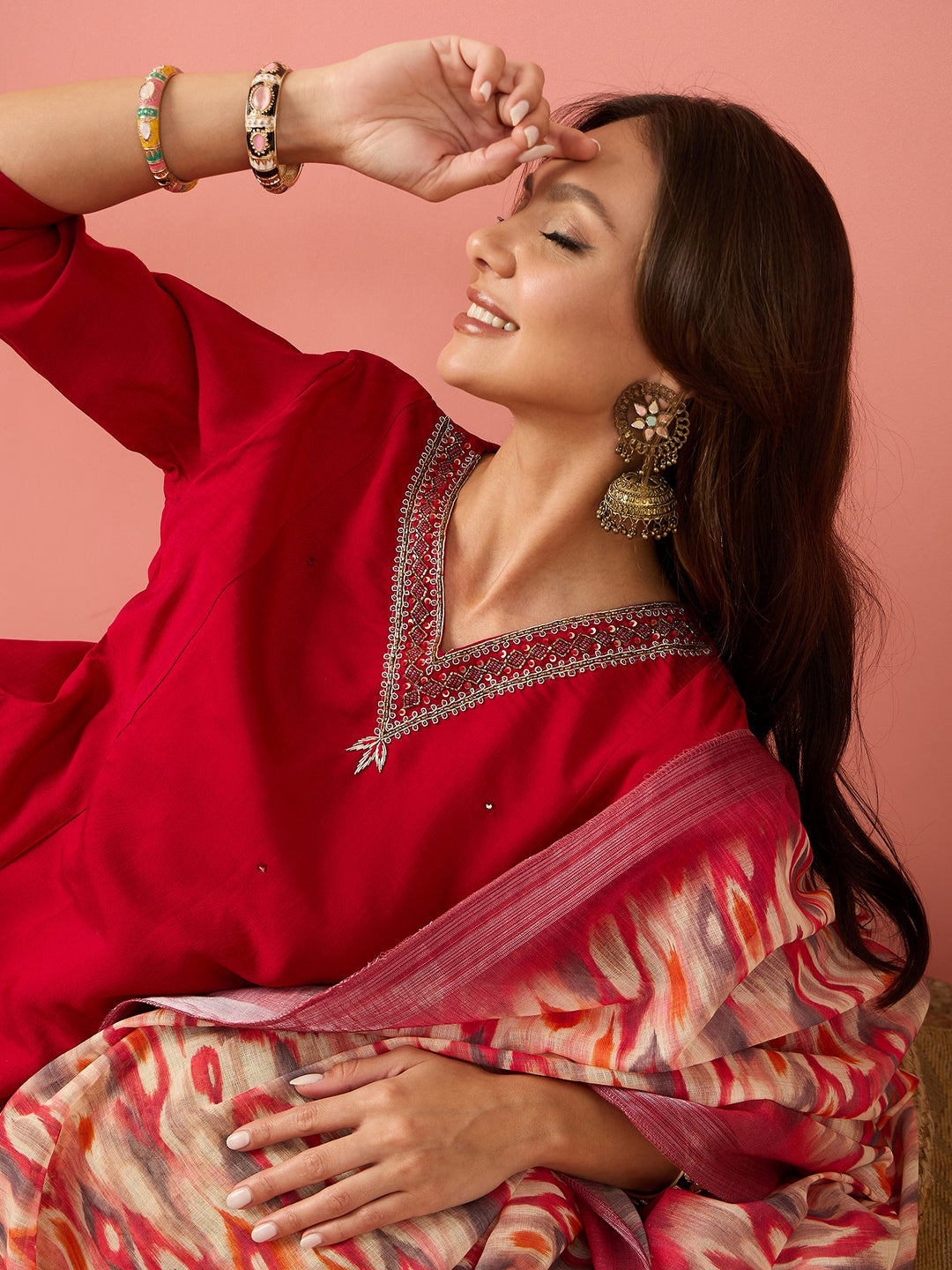 Stylish Red Silk Top Featuring Silk Bottom | Accentuated by a Silk Blend Dupatta