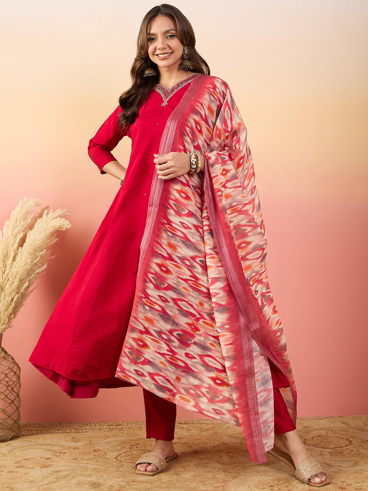 Stylish Red Silk Top Featuring Silk Bottom | Accentuated by a Silk Blend Dupatta
