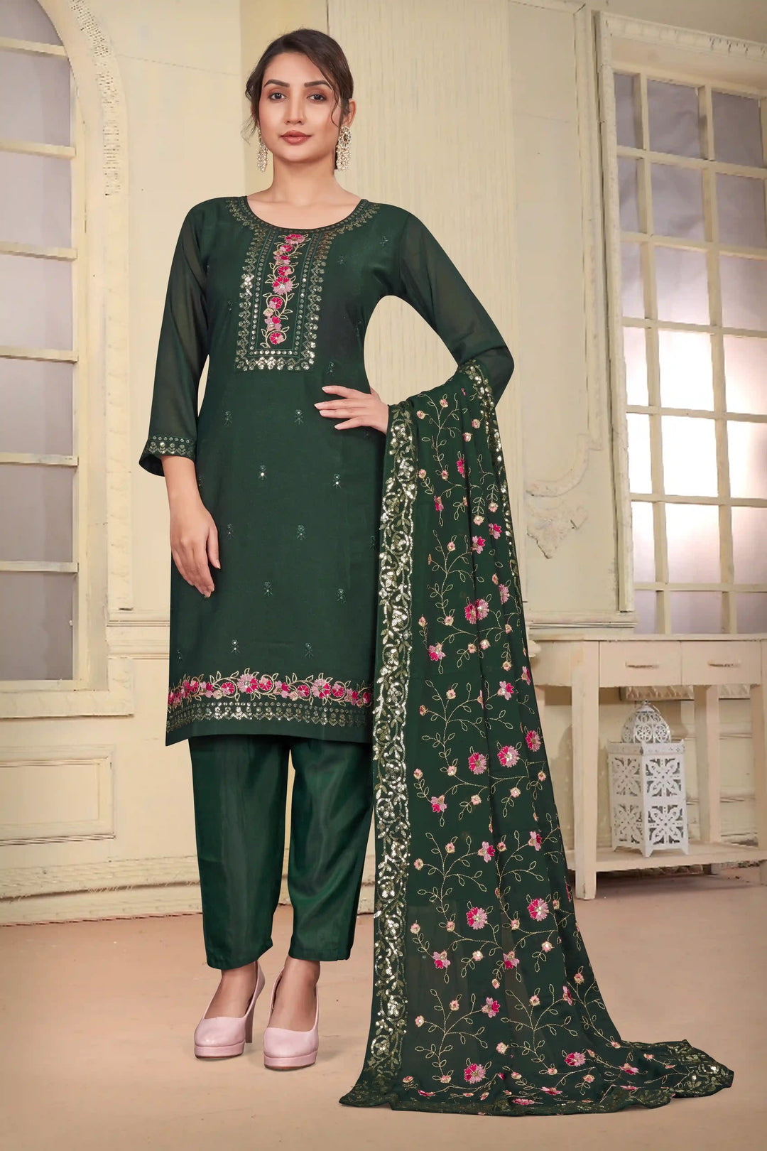 Stylish Green Georgette Top Featuring Santoon Bottom | Accentuated by a Georgette Dupatta