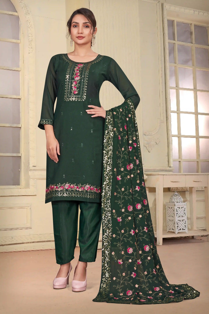 Stylish Green Georgette Top Featuring Santoon Bottom | Accentuated by a Georgette Dupatta