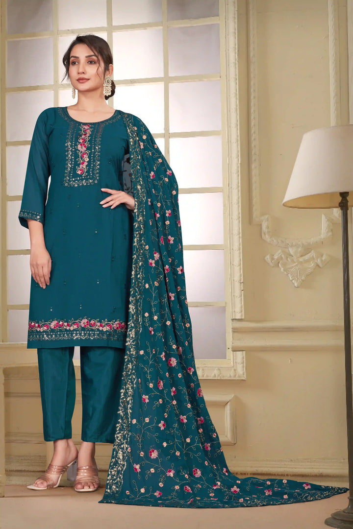 Stylish Green Georgette Top Featuring Santoon Bottom | Accentuated by a Georgette Dupatta