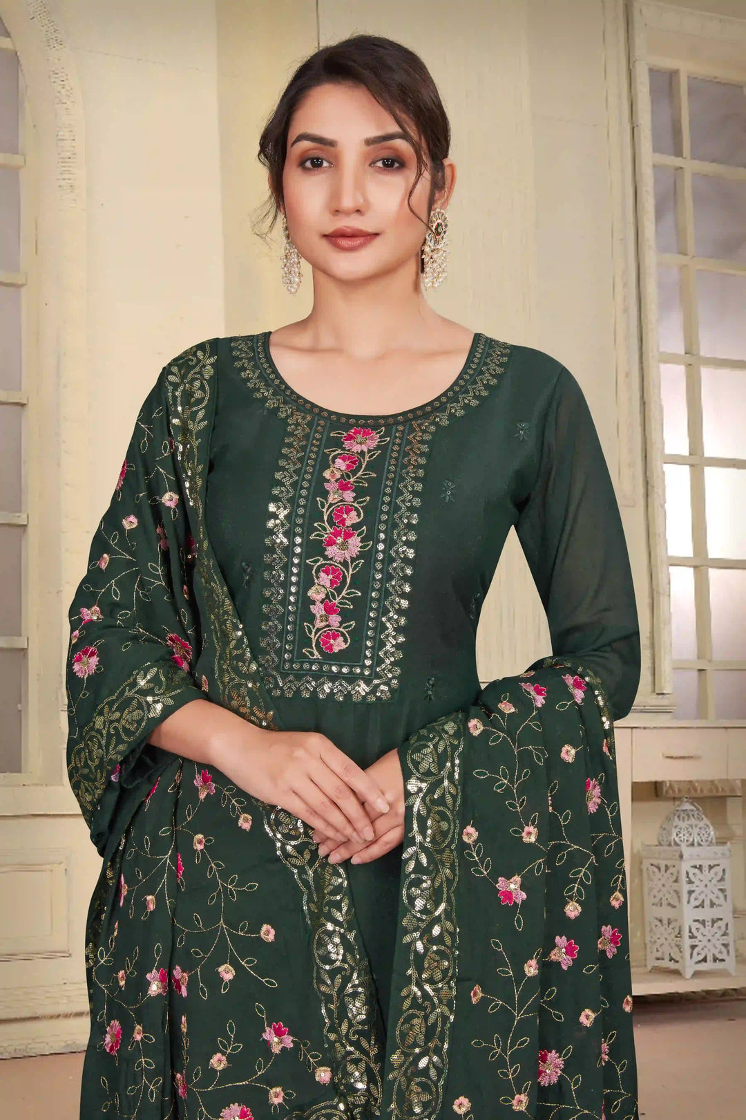Stylish Green Georgette Top Featuring Santoon Bottom | Accentuated by a Georgette Dupatta
