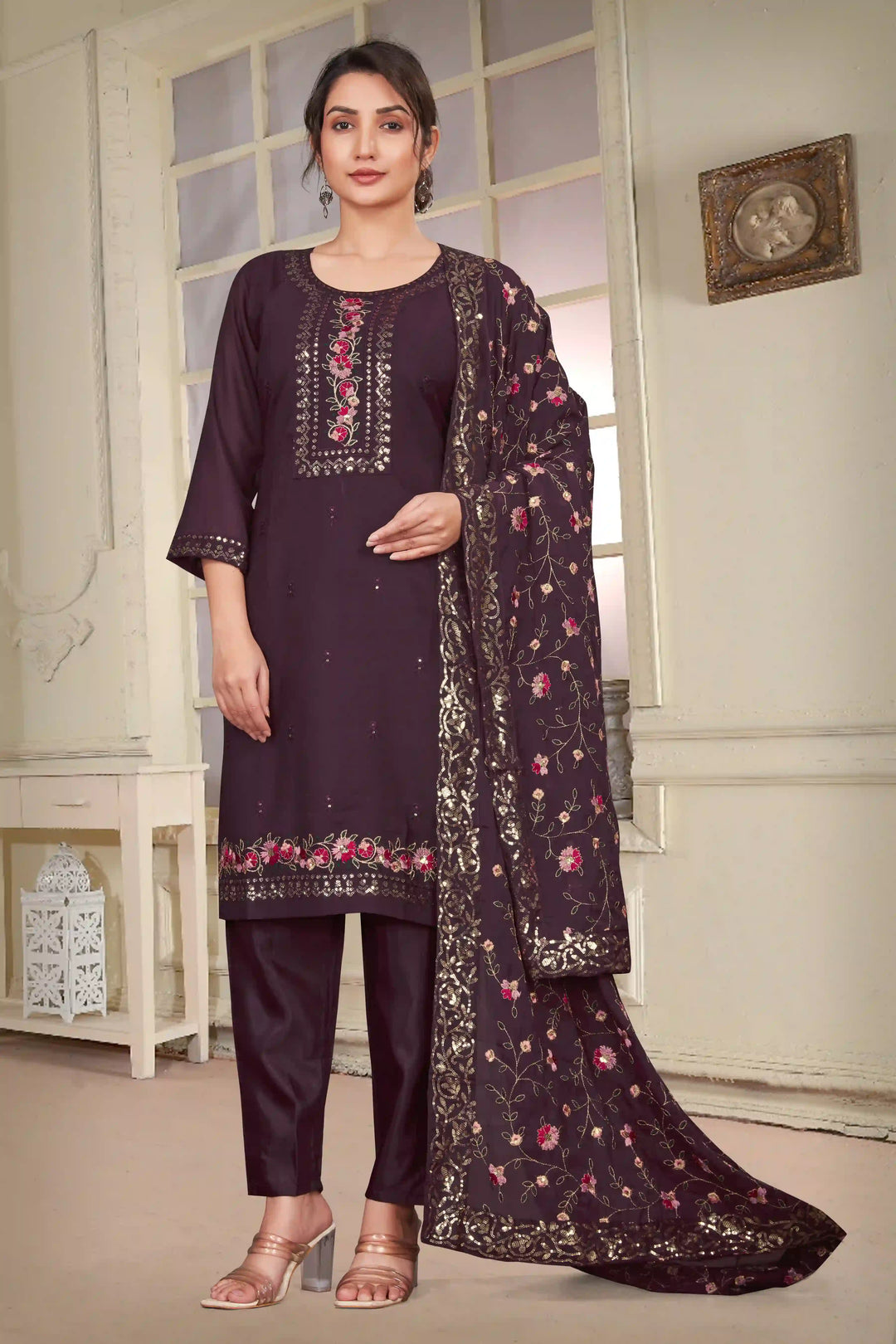 Stylish Green Georgette Top Featuring Santoon Bottom | Accentuated by a Georgette Dupatta
