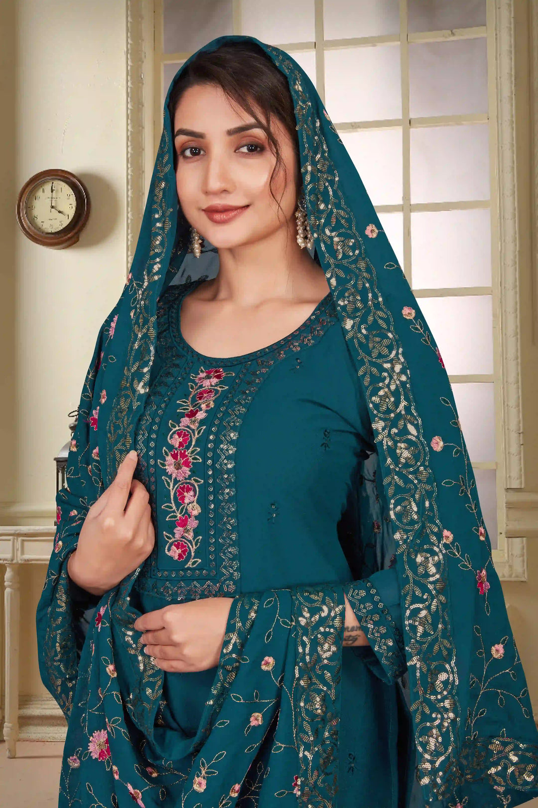 Stylish Green Georgette Top Featuring Santoon Bottom | Accentuated by a Georgette Dupatta