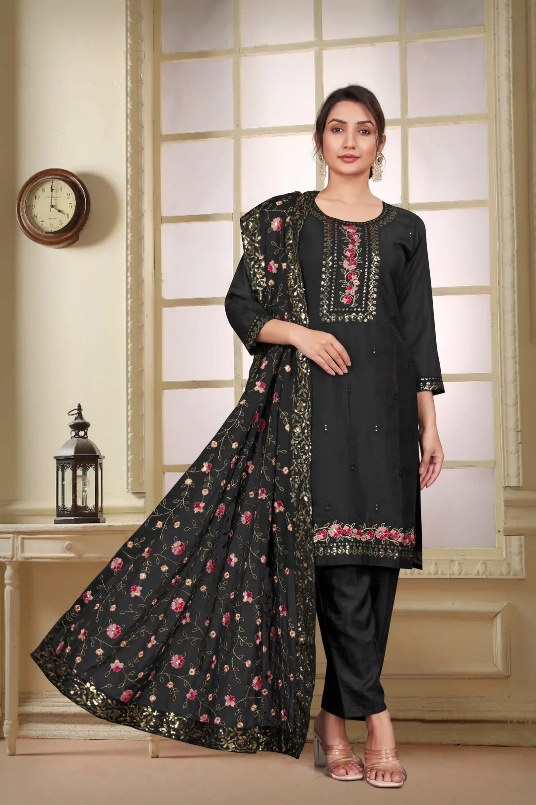 Stylish Green Georgette Top Featuring Santoon Bottom | Accentuated by a Georgette Dupatta