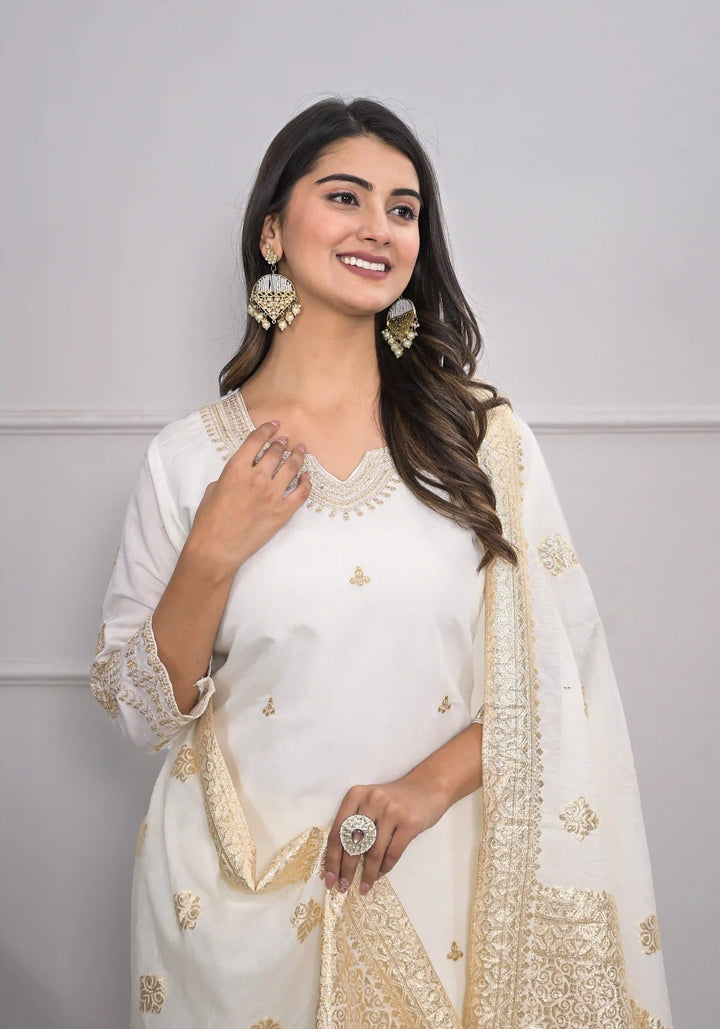 Graceful White Viscoce Silk Top with Viscoce Silk Bottom | Accentuated by a Jacquard Dupatta