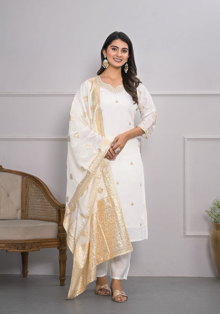 Graceful White Viscoce Silk Top with Viscoce Silk Bottom | Accentuated by a Jacquard Dupatta