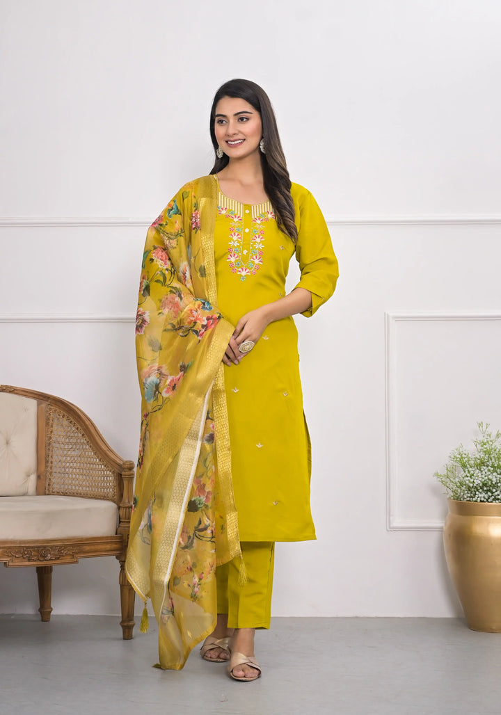 Graceful Yellow Viscoce Silk Top with Viscoce Silk Bottom | Accentuated by a Jacquard Dupatta
