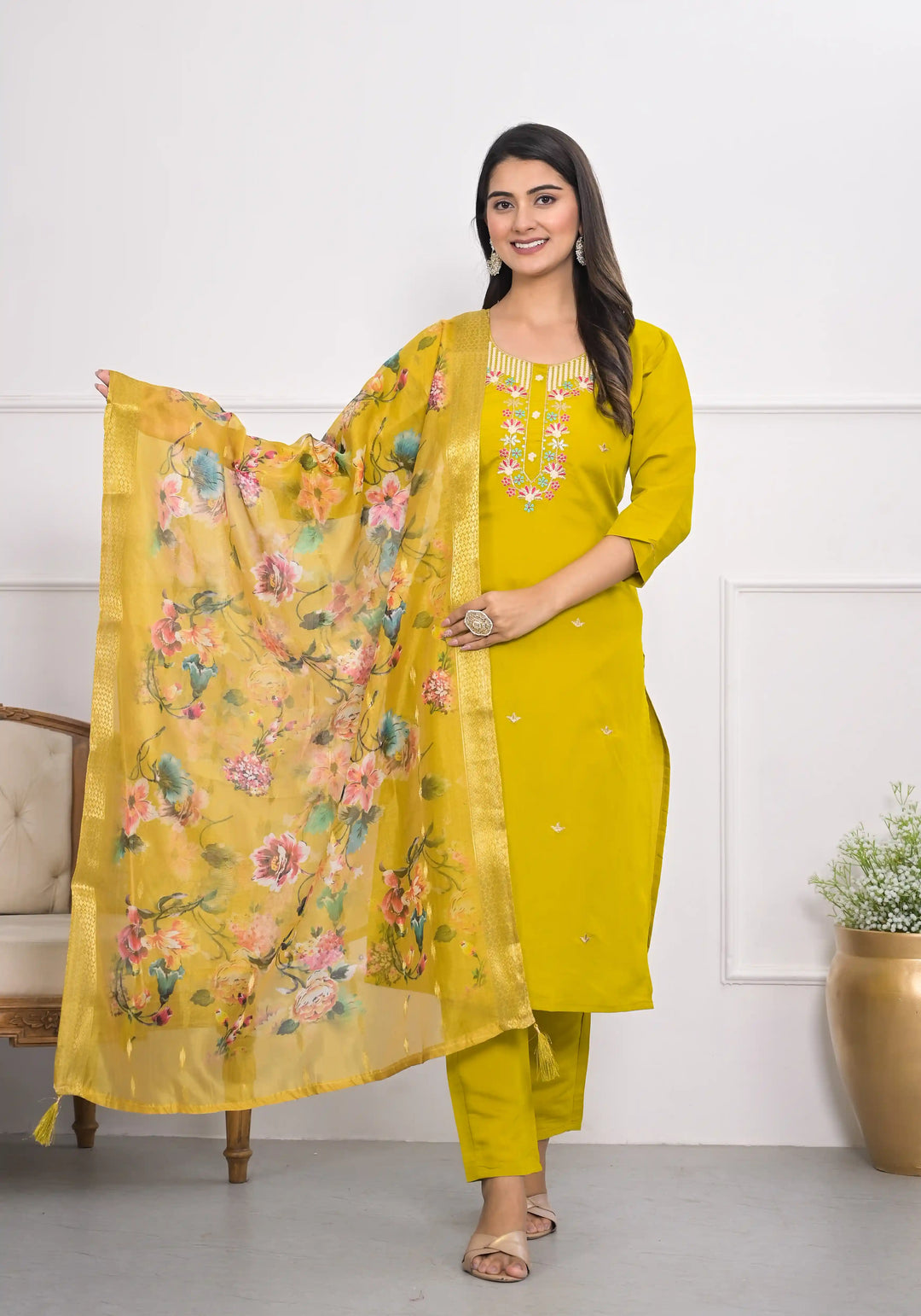 Graceful Yellow Viscoce Silk Top with Viscoce Silk Bottom | Accentuated by a Jacquard Dupatta