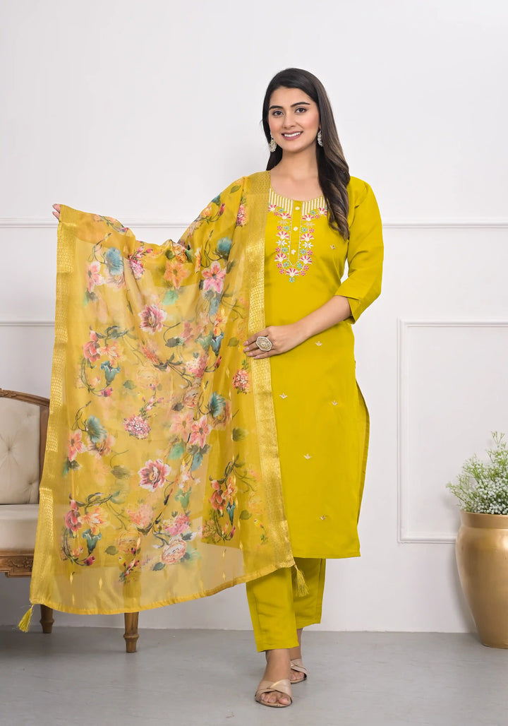 Graceful Yellow Viscoce Silk Top with Viscoce Silk Bottom | Accentuated by a Jacquard Dupatta