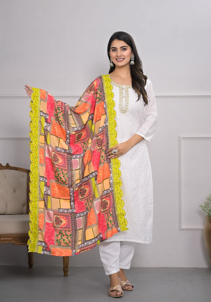 Chic White Viscoce Silk and Viscoce Silk Combination | Highlighting a Stunning Crepe Dupatta