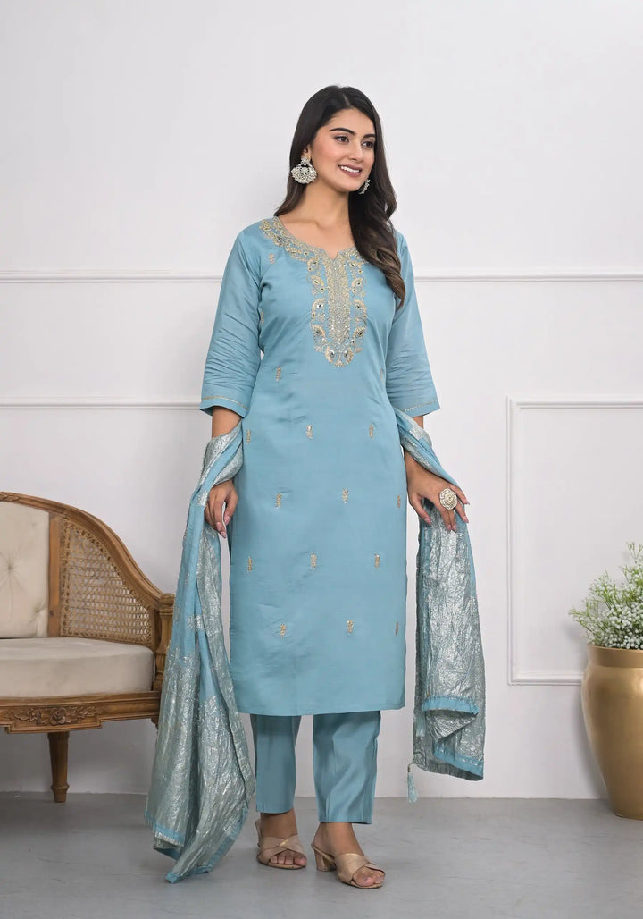 Chic Blue Viscoce Silk and Viscoce Silk Combination | Accentuated by a Jacquard Dupatta