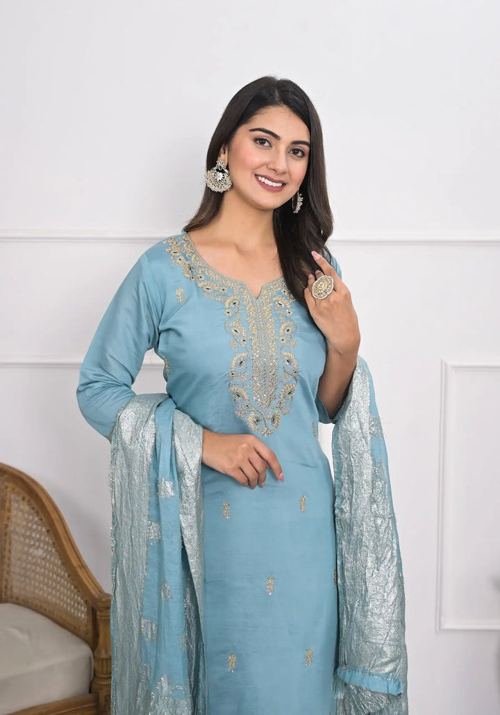 Chic Blue Viscoce Silk and Viscoce Silk Combination | Accentuated by a Jacquard Dupatta