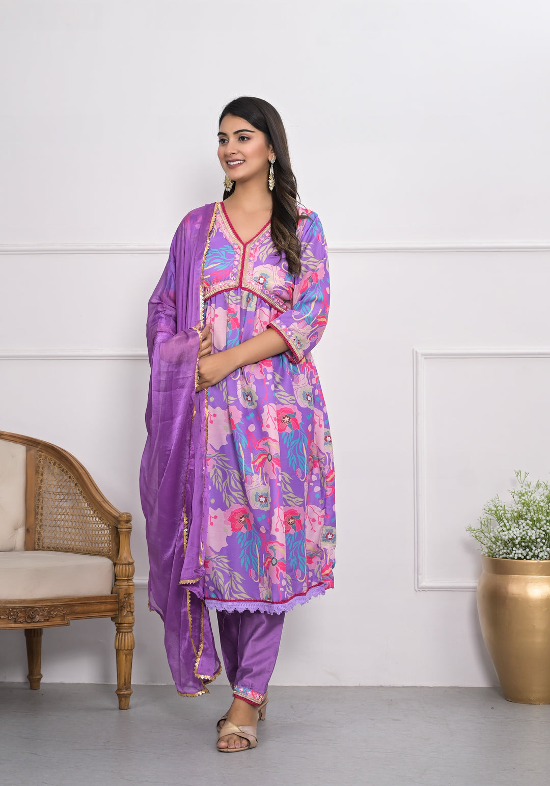 Stylish Purple Muslin Silk Top Featuring Muslin Silk Bottom | Completed with a Gorgeous Chinon