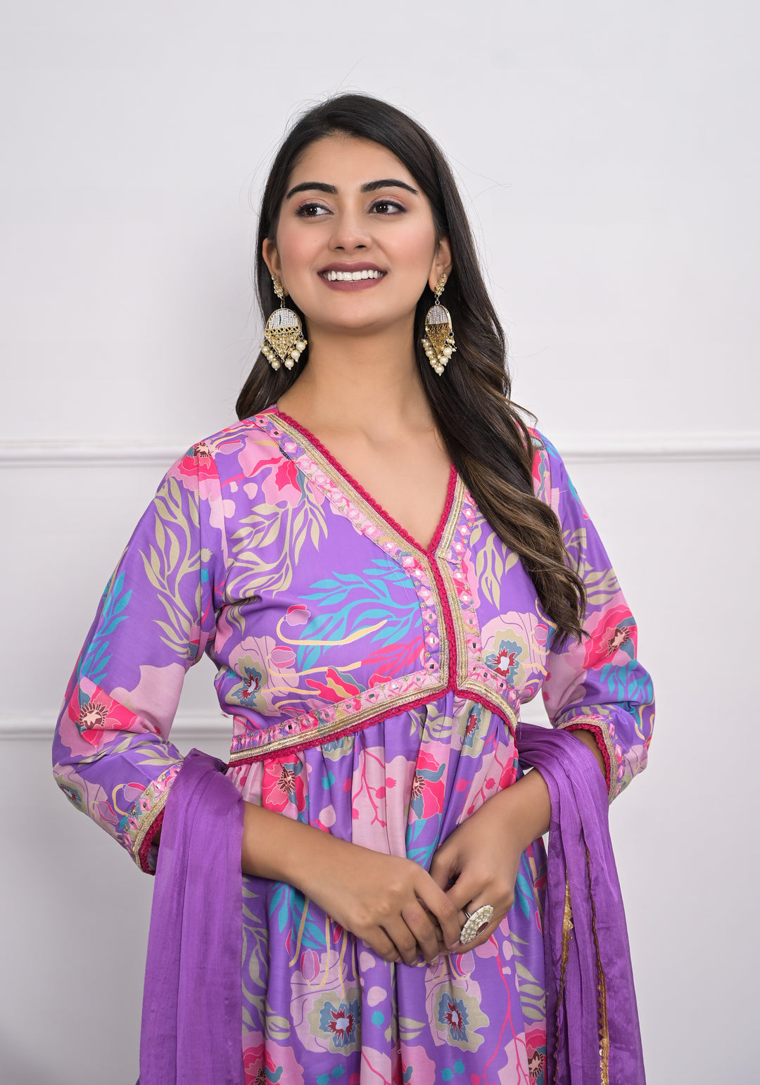 Stylish Purple Muslin Silk Top Featuring Muslin Silk Bottom | Completed with a Gorgeous Chinon