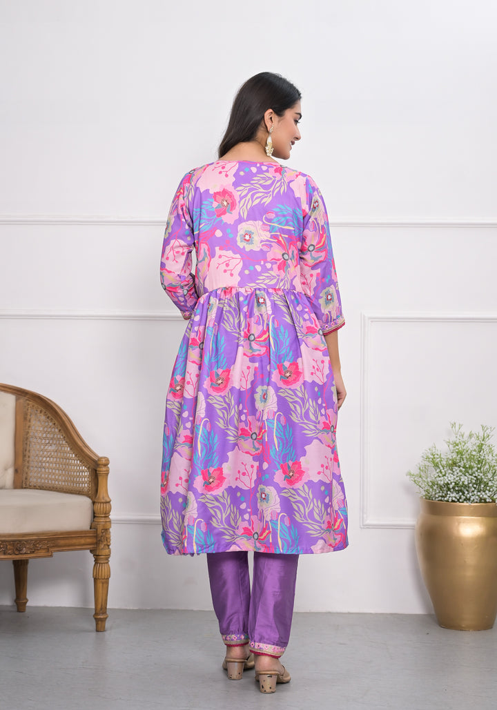 Stylish Purple Muslin Silk Top Featuring Muslin Silk Bottom | Completed with a Gorgeous Chinon