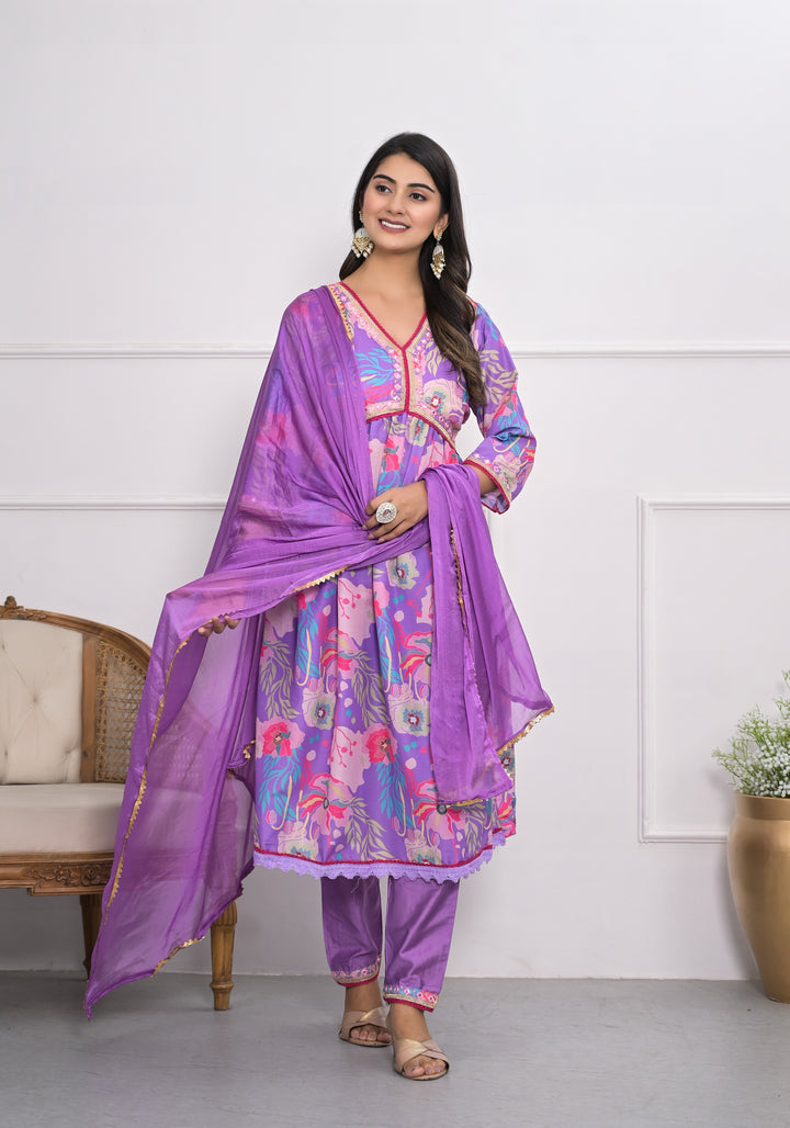 Stylish Purple Muslin Silk Top Featuring Muslin Silk Bottom | Completed with a Gorgeous Chinon
