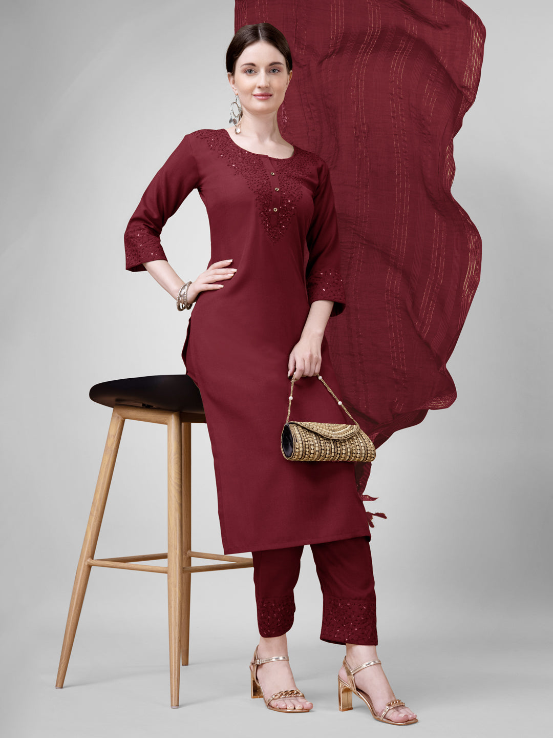 Chic Maroon Cotton Blend and Cotton Blend Combination | Highlighting a Stunning Silk Blend Dupatta