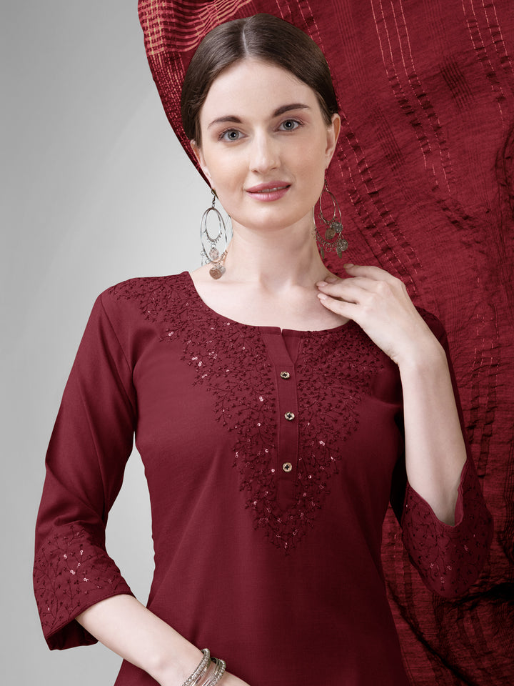 Chic Maroon Cotton Blend and Cotton Blend Combination | Highlighting a Stunning Silk Blend Dupatta