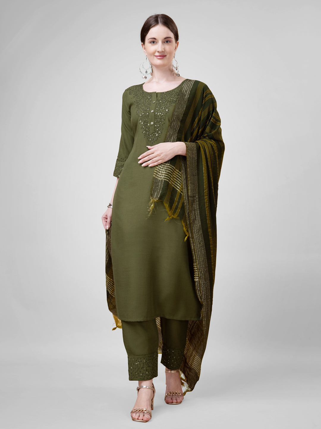 Stylish Mahendi Cotton Blend Top Featuring Cotton Blend Bottom | Highlighting a Stunning Silk Blend