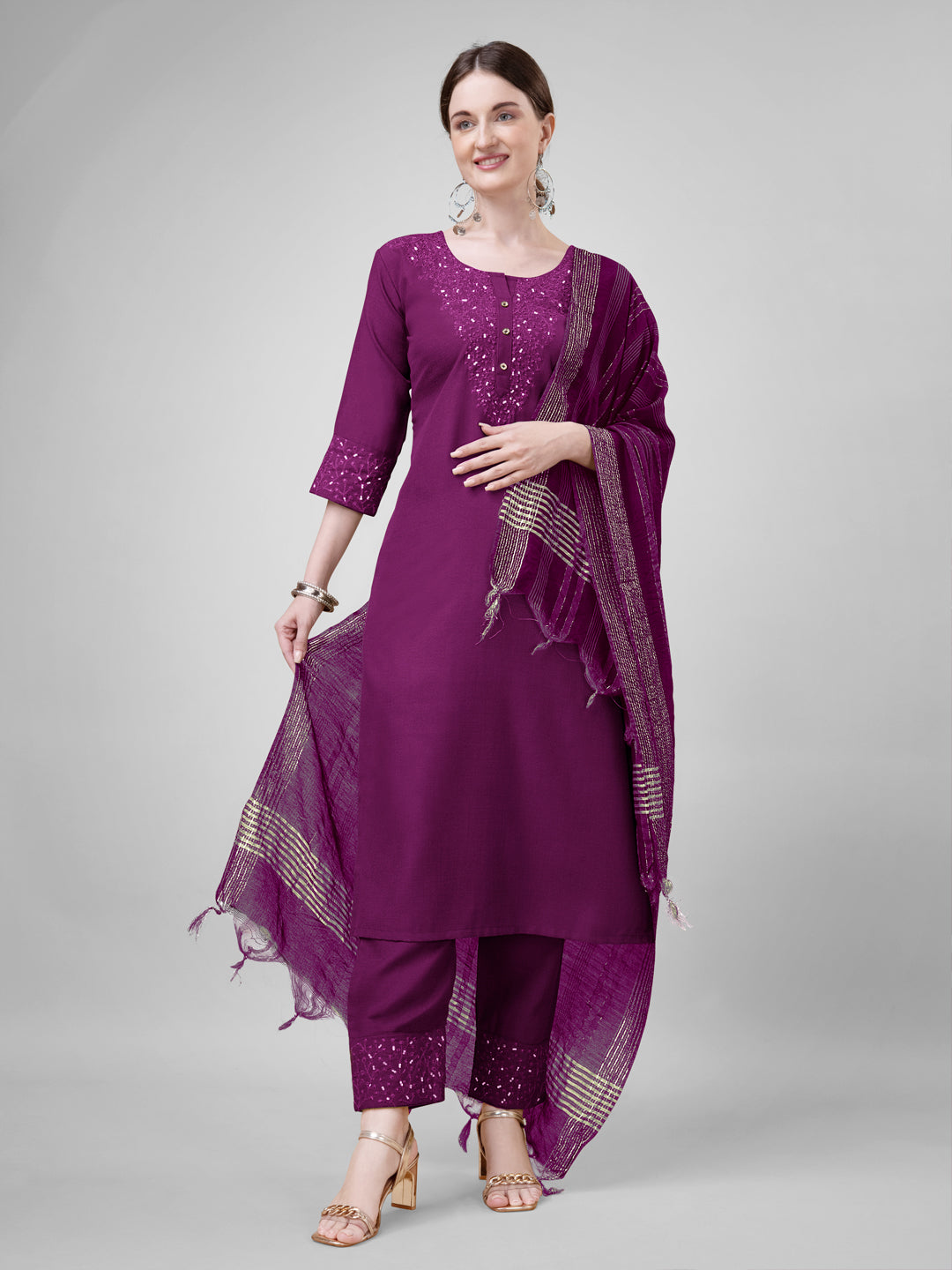 Chic Purple Cotton Blend and Cotton Blend Combination | Accentuated by a Silk Blend Dupatta