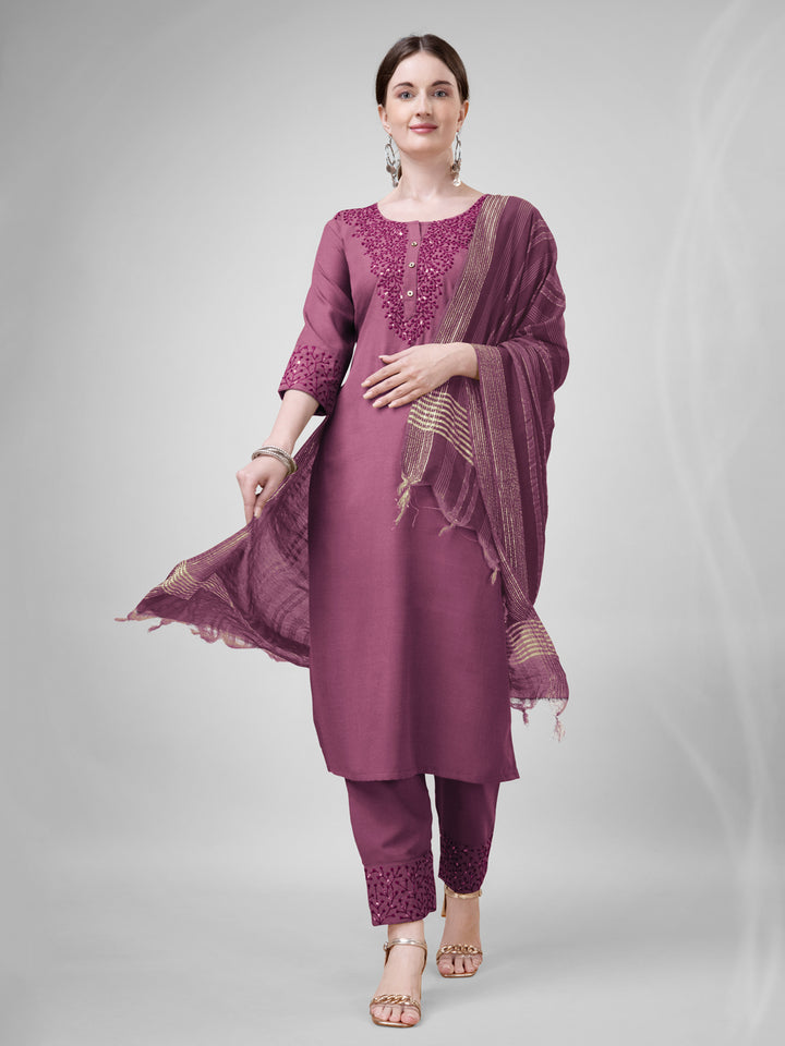 Stylish Wine Cotton Blend Top Featuring Cotton Blend Bottom | Completed with a Gorgeous Silk Blend