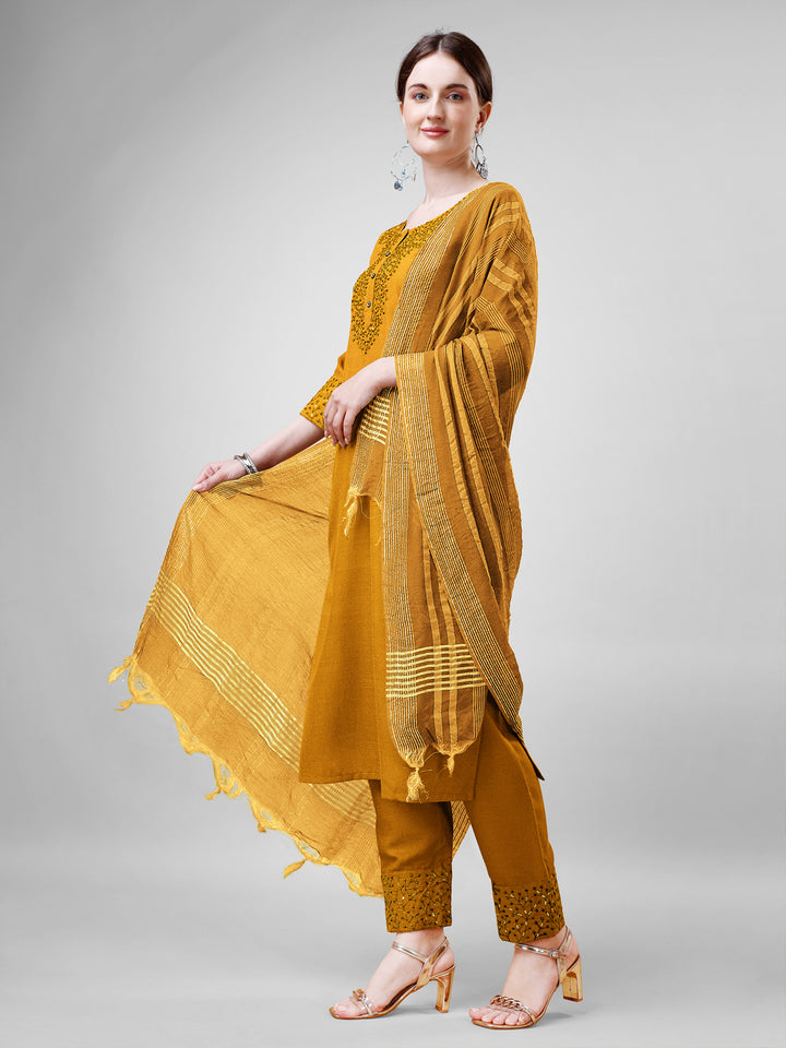 Stylish Mustard Cotton Blend Top Featuring Cotton Blend Bottom | Completed with a Gorgeous Silk