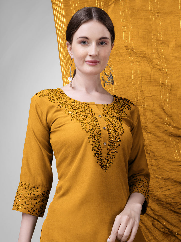 Stylish Mustard Cotton Blend Top Featuring Cotton Blend Bottom | Completed with a Gorgeous Silk