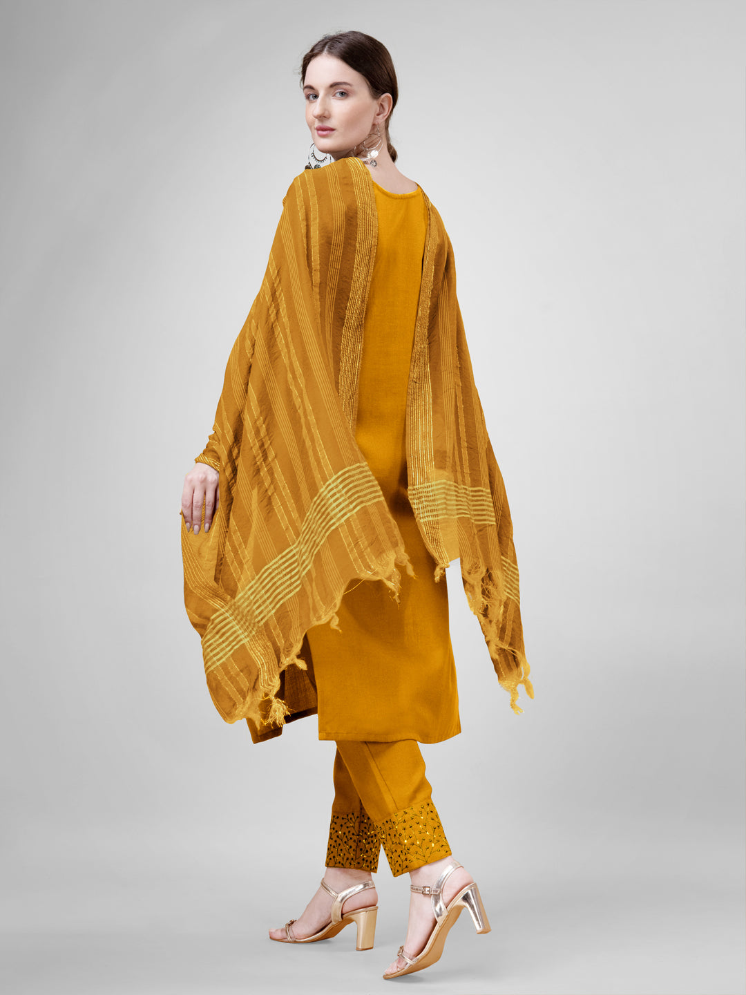 Stylish Mustard Cotton Blend Top Featuring Cotton Blend Bottom | Completed with a Gorgeous Silk
