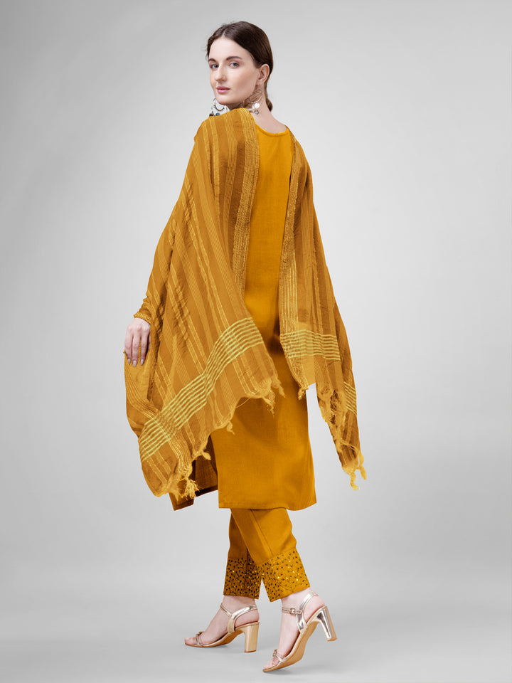 Stylish Mustard Cotton Blend Top Featuring Cotton Blend Bottom | Completed with a Gorgeous Silk
