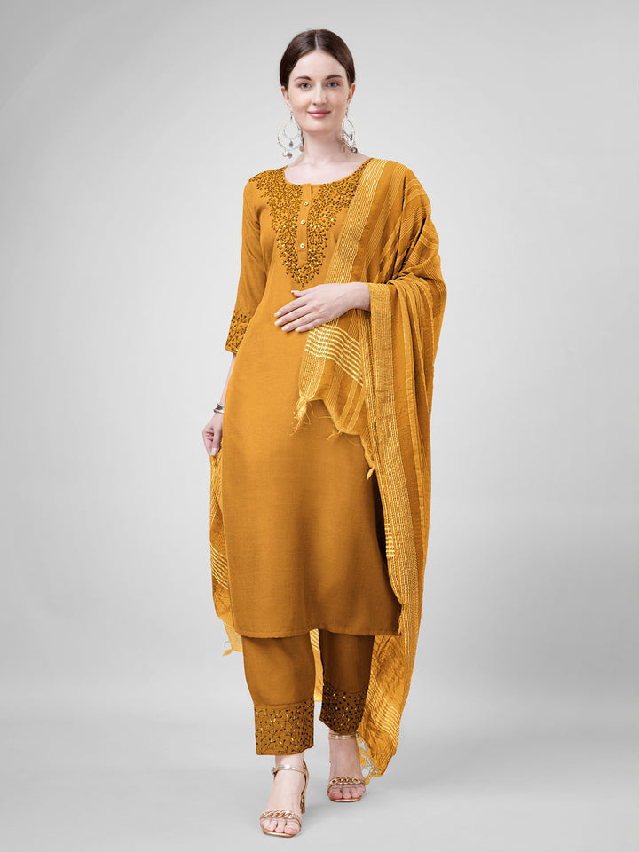 Stylish Mustard Cotton Blend Top Featuring Cotton Blend Bottom | Completed with a Gorgeous Silk
