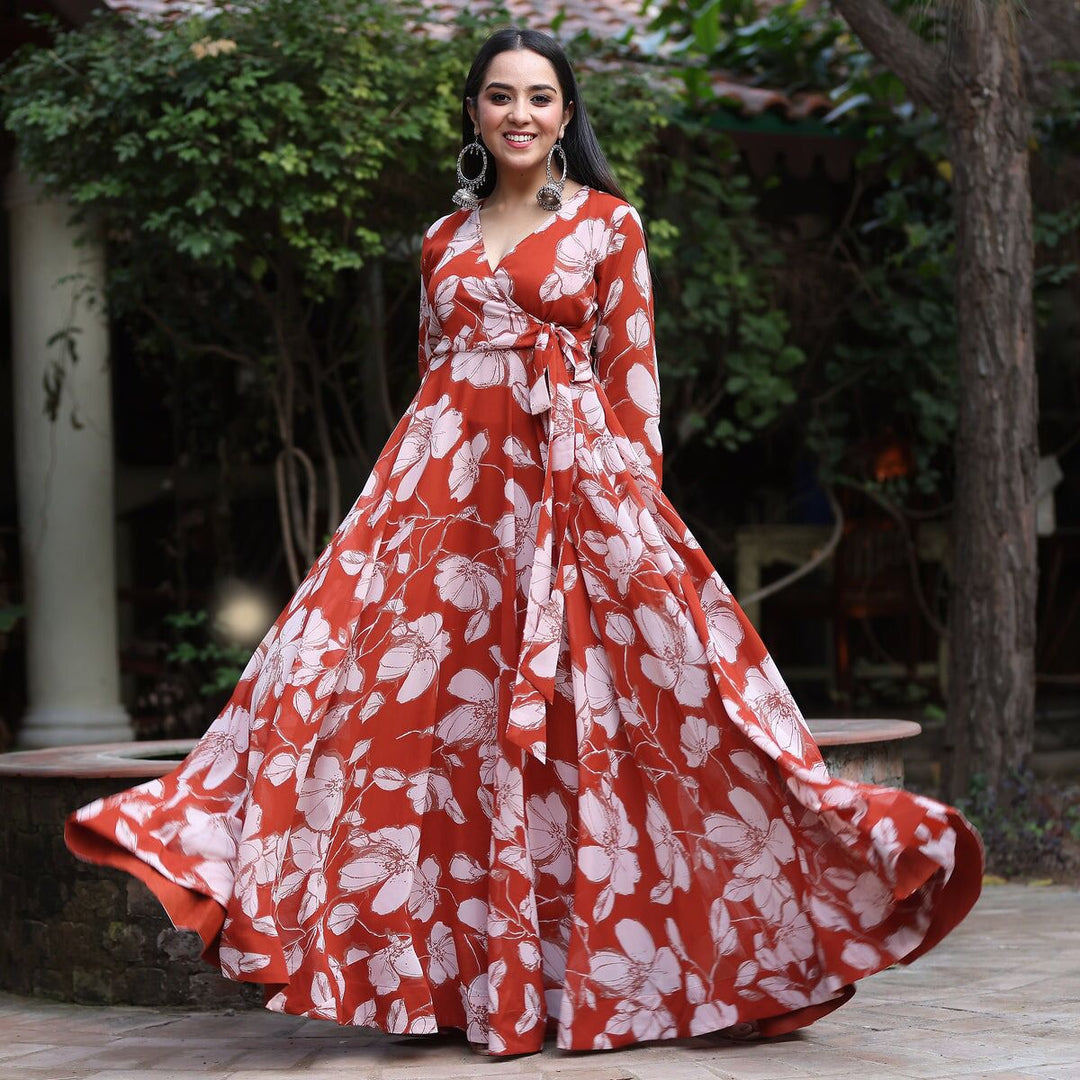 Designer Floral Pleated Gown | Elegant Party Gown Dress for Women