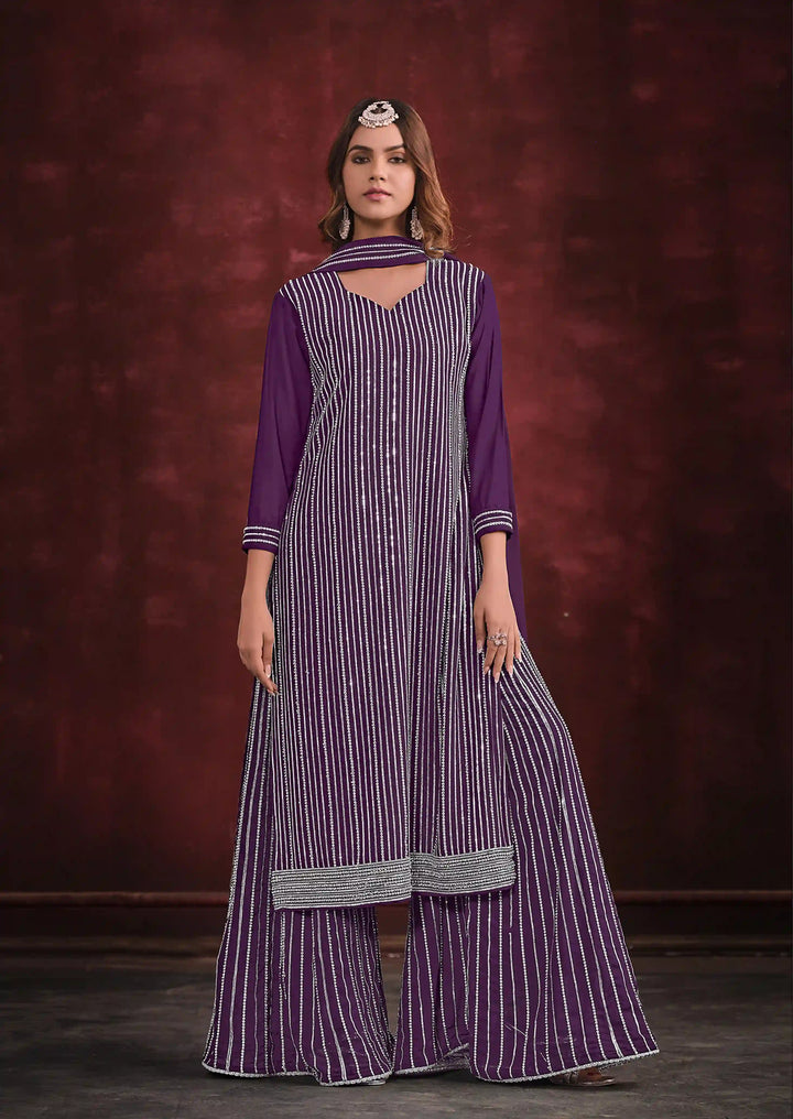 Graceful Purple Georgette Top with Sharara | Completed with a Gorgeous Georgette Dupatta