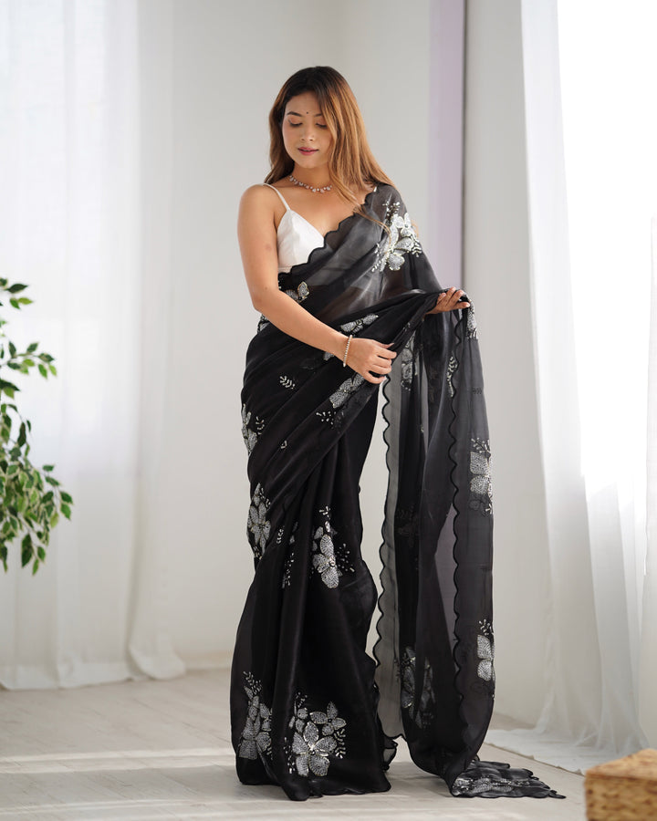 Elegant Jimmy-Choo Fabric Saree | Designer Sequence Embroidery for Weddings