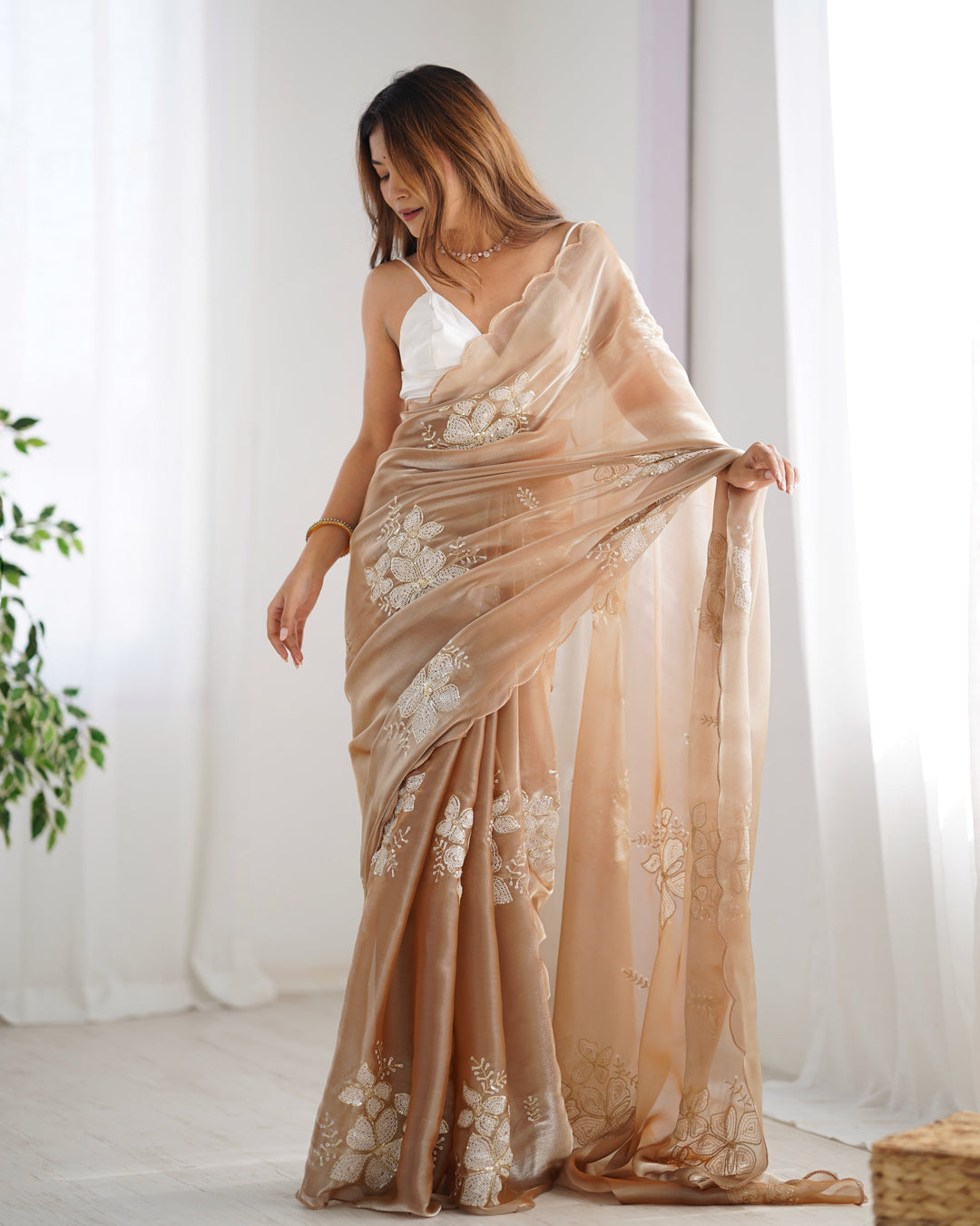 Elegant Jimmy-Choo Fabric Saree | Designer Sequence Embroidery for Weddings