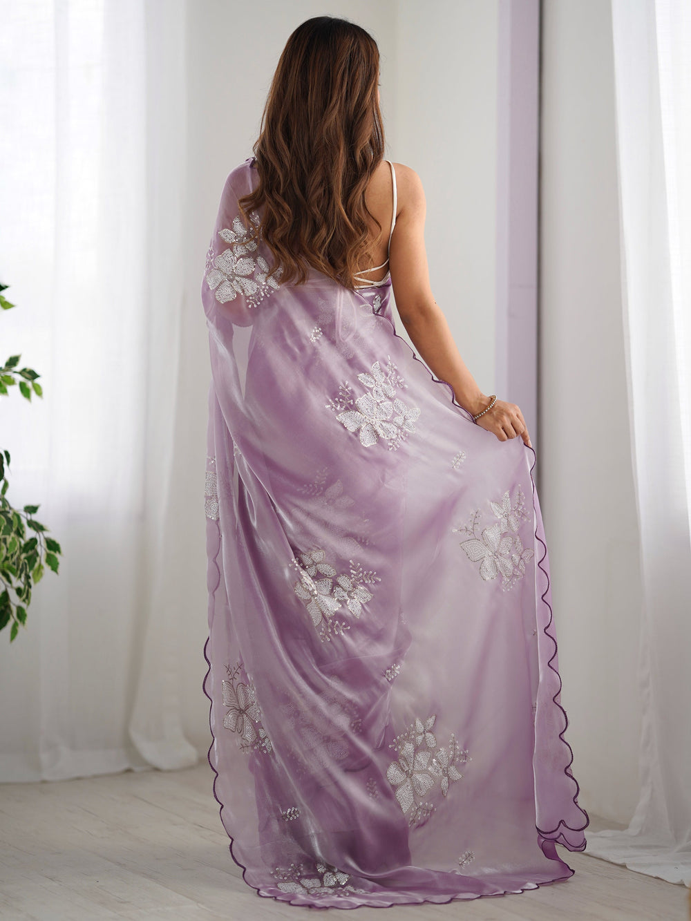 Adorable Lavender Embroidered Organza Event Wear Saree With Blouse