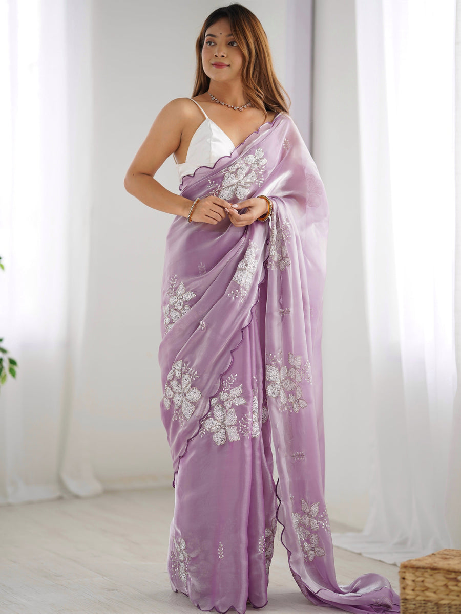 Adorable Lavender Embroidered Organza Event Wear Saree With Blouse